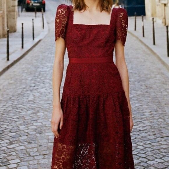 Self portrait Burgundy Guipure lace midi dress-T7